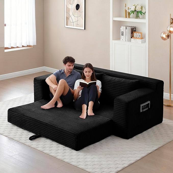 73 Memory Foam Cloud Loveseat Sofa 2 in 1 Convertible Folding Couch Bed Compressed Corduroy Floor Lounge Sofa No Assembly for Apartment Office Bedroom Living Room (Black)