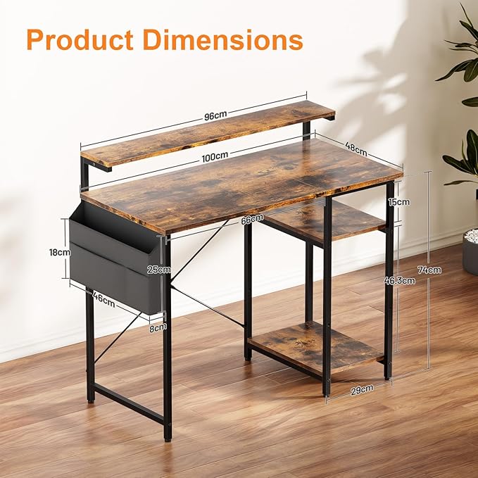 HLDIRECT Computer Desk with LED Lights 40Inch Gaming Desk with Monitor Stand &amp Side Storage Shelves Writing Study Table with Storage Bag for Home Office and Bedroom Brown