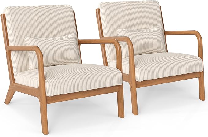Giantex Modern Accent Chair Corduroy Upholstered Lounge Chair with Rubber Wood Armrests Lumbar Pillow Sponge Padded Seat Cushion Comfy Reading Chair for Living Room Bedroom (2Beige + Brown)