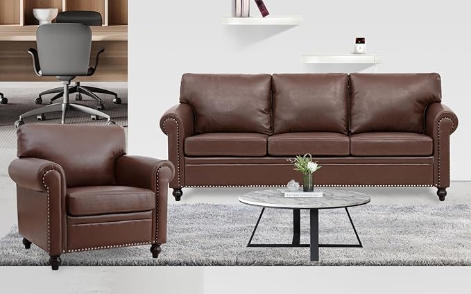 Brown Faux Leather 3 Seater Couches and Sofa Chair Set with Rivet Rolled Arm Modern Mid Century Sofas for Living Room Apartment Office Easy Assembly (Brown PU One Sofa+0ne Chair)