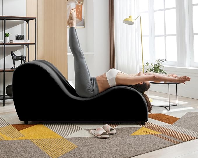 BALUS 60W S-Shape Yoga Sofa Chaise Lounge Chair for Adults Stretching Wooden Ergonomic Curved Lounges Chairs Indoor with Velvet Cover for Living Room Apartment Home Office Exercising Relaxing Black