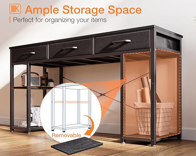 ODK Office Small Computer Desk: Home Table with Fabric Drawers &amp Storage Shelves Modern Writing Desk Black 48x16