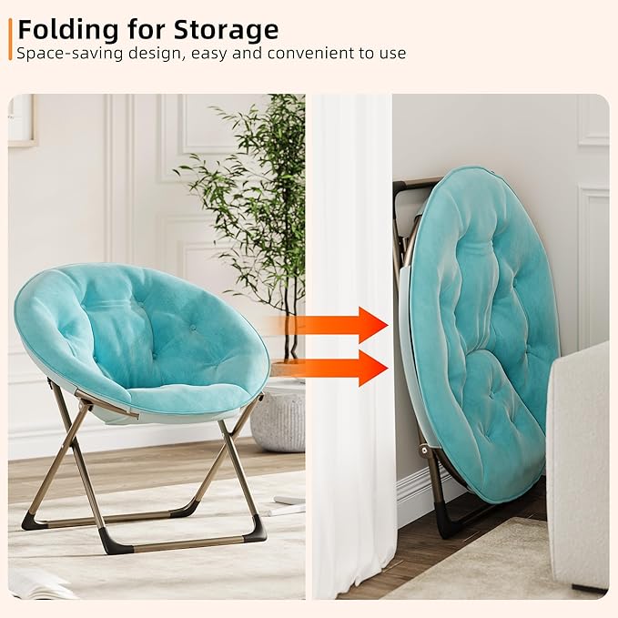 Saucer ChairFaux Fur Comfy Folding Chair with Folding Metal Frame Oversized Plush Flower Accent SeatLounge Moon Chair for Bedroom Dorm or Living RoomBlue
