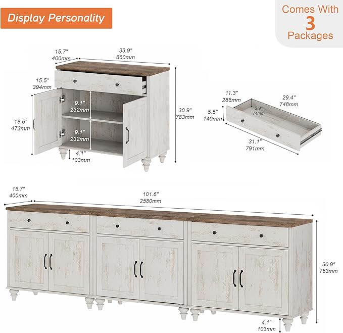 WAMPAT Farmhouse TV Stand for 100 Inch TV 3-in-1 TV Console Table for 75/85/90/100 Inch TV Entertainment Center with 3 Drawers and 6 Doors Kitchen Sideboard Buffet Cabinet Rustic White