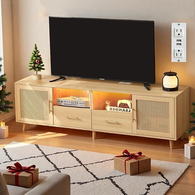 Rattan TV Stand for 70 Inch TV 63 Modern Entertainment Center with LED Light &amp Storage Shelves 2 Drawers and Cabinets Rattan Door Boho TV Stand with Outlet for Living Room Wood