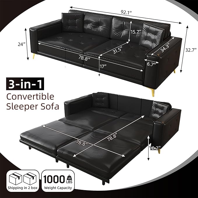 92.1'' King Pull out Sofa Bed Convertible Futon Couch 3-in-1 Faux Leather Sleeper Sofa with Tufted Back 2 Pillows Gold Legs Deep Folding Loveseat Couches for Living Room Apartment Black