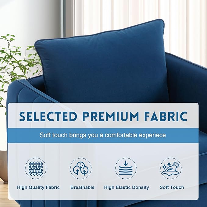 Velvet Accent Chair Mid Century Modern Single Arm Chair Comfy Living Room Reading Bedroom Lounge 6.3 Inch Upholstered Cushioned Black Metal Legs (Blue Sofa Chair Set of 2)