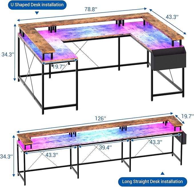 U Shaped Home Office Desk Reversible L Shaped Gaming Computer Desk With Power Outlets126 Inch Computer Desk With Monitor Stand and LED LightsStorage ShelvesStorage Bag and Hooks（Rustic Brown）