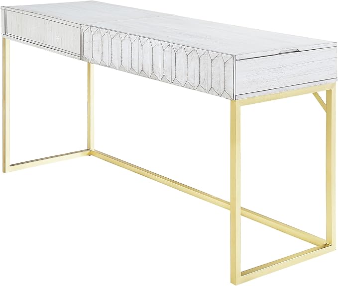 24/7 Shop at Home Bellevue Modern Metal Hidden Storage Writing Desk with Lift-Top for Workstation Home Office Study Room Antique White and Gold
