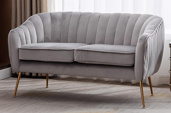 Artechworks Contemporary Tufted Velvet Tub Barrel Loveseat Sofa Chair Upholstered Couch with Golden Metal Legs Club Two-Seat Sofa for Living Reading Room Bedroom Apartment Small Space Dorm Grey