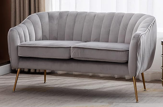 Artechworks Contemporary Tufted Velvet Tub Barrel Loveseat Sofa Chair Upholstered Couch with Golden Metal Legs Club Two-Seat Sofa for Living Reading Room Bedroom Apartment Small Space Dorm Grey