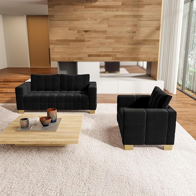 81.89 Sofa Comfy 3 Seat Sofa Tufted Chenille Upholstered Sofa Couch for Living Room with Gold Metal Legs and 2 Throw Pillows (Black+1.5S)