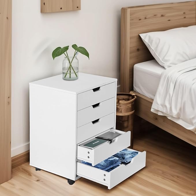 SUPER DEAL 5 Drawer File Cabinet for Home Office Wood Under Desk Filing Cabinet Mobile Printer Stand Rolling Storage Organizer with Lockable Casters for Apartment Small Spaces White
