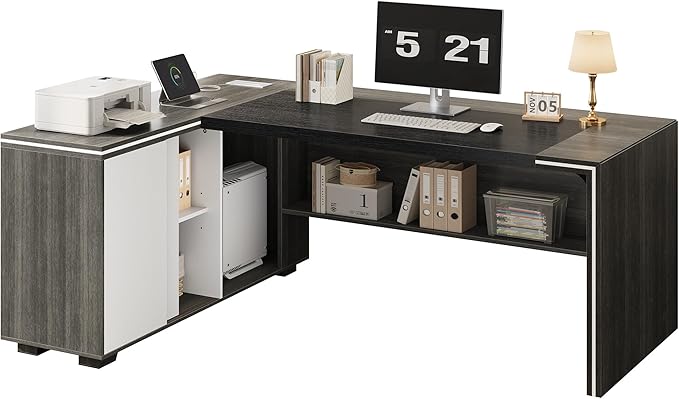 71 L-Shaped Executive Desk with Cabinet Storage Large Office Computer Desk with Storage Shelves Under-Desk Bookshelf CPU Stand Cable Management Business Furniture Workstation (Gray)