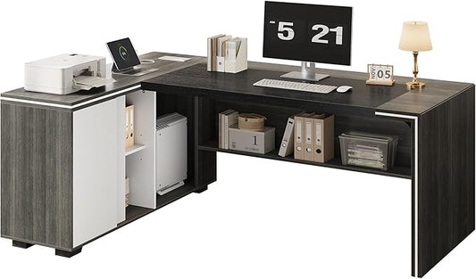 71 L-Shaped Executive Desk with Cabinet Storage Large Office Computer Desk with Storage Shelves Under-Desk Bookshelf CPU Stand Cable Management Business Furniture Workstation (Gray)