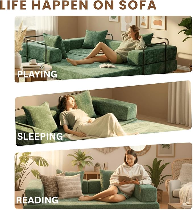 Alpen 77 Convertable Sleeper Sofa 4-in-1 Pull Out Couch Bed with L-Shaped Armrests Futon Sofa Bed Queen Size Sleeper Mattress Fold Out Comfy Lounge for Living Room Bedroom Green