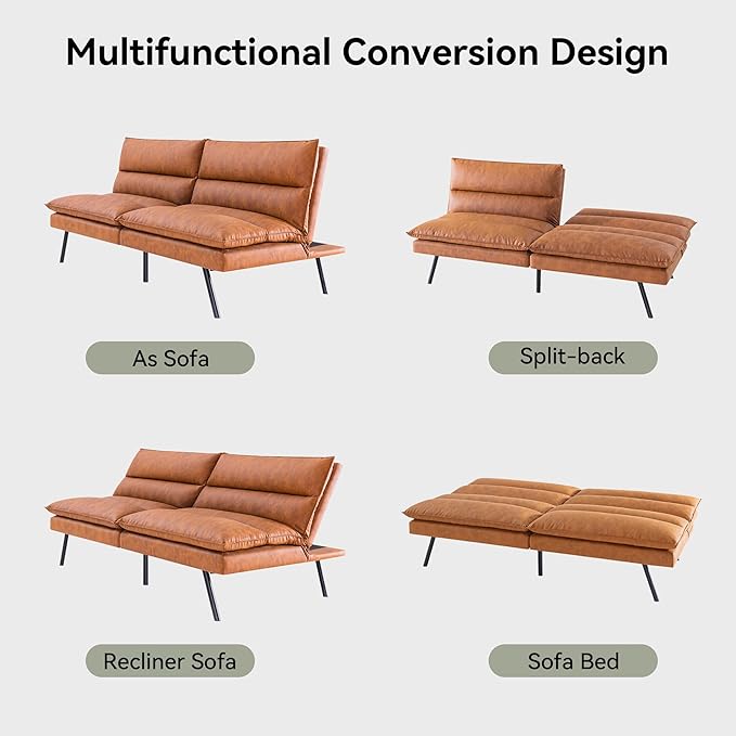 Memory Foam Futon Sofa BedFaux Leather Futon CouchConvertible Armless FutonsSmall Splitback Loveseat Sleeper Sofa Bed for Living RoomOfficeApartmentMedium Brown