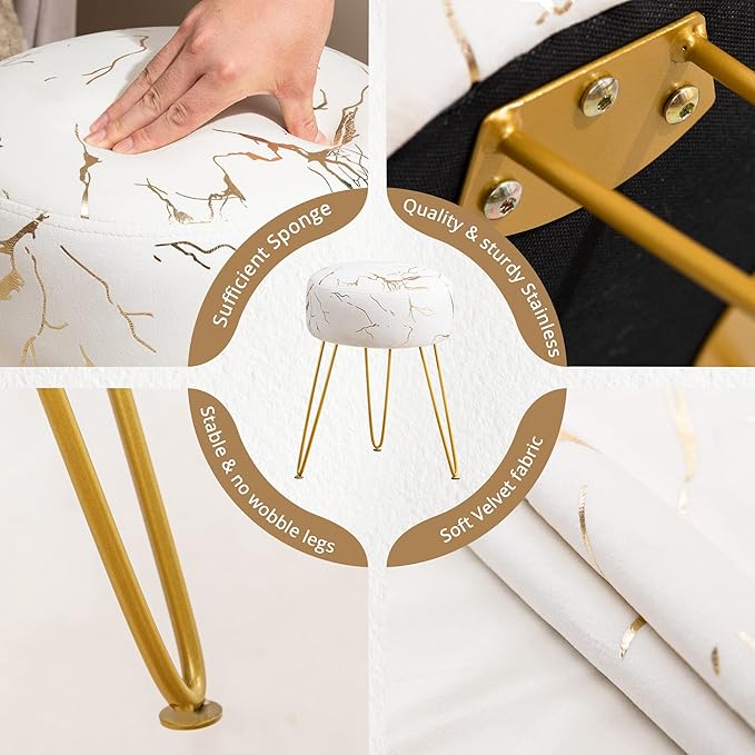 LUE BONA Vanity Stool Gold Vanity Stools for Makeup Room Round Ottoman Foot Stool Velvet Footrest Vanity Chair for Bathroom Vanity Bedroom Living Room Entryway Offices 300lbs