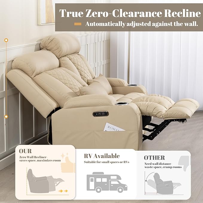 Zero Wall Hugger Power Reclining Loveseat with Adjustable Headrest Power Loveseat Recliner Sofa with USB&ampType-C Ports Wall Hugger Loveseat Recliner for Living Room(Beige 2 Seater)