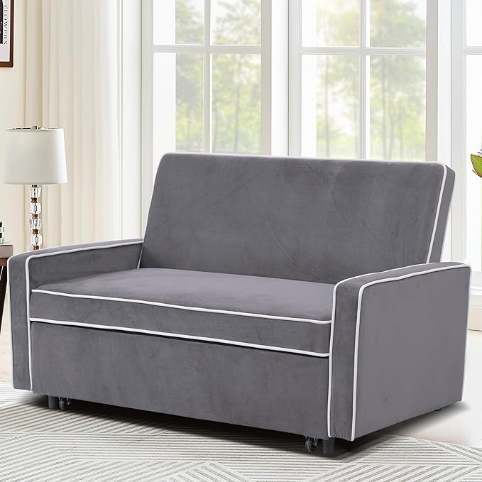 3-in-1 Convertible Sofa Sleeper Bed 2-Seat Loveseat Lounge with Adjustable Backrest Flannel Pull Out Fabric Couch Chaise Perfect for Home RV Apartment Office Living Room Grey