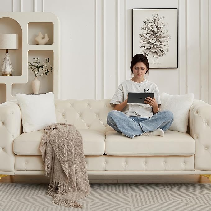 Sofa and Loveseat Set Chesterfield Vintage Mid Century Modern Velvet Fabric Upholstered Button Tufted Deep Seat Sofa Couch Furniture Set with 4 Throw Pillows for Living Room Office Beige (2 Pieces)
