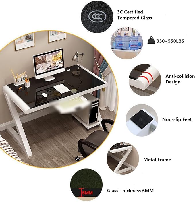 Tempered Glass Computer Desk Modern Design Student Writing Desk Study Desk Home Office Desk Gaming Desk Personal Workstation with Z-Shaped Metal Frame(47 Inch Black &amp White)