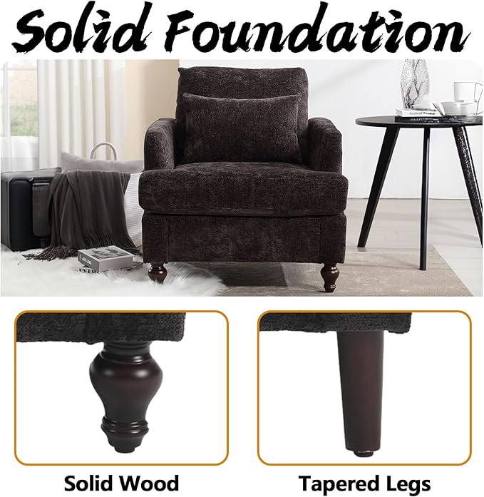 Oversized Accent Chair with Lumbar Pillow Upholstered Side Chairs for Living Room Bedroom Comfy Reading Chairs for Adults with Wide Seat Thick Cushion Soft Chenille (Black)