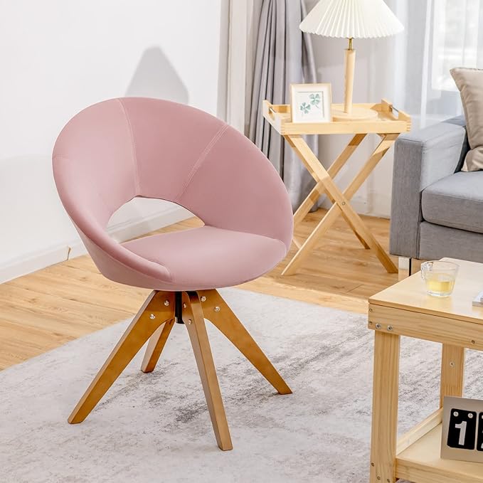 Giantex Swivel Accent Chair Modern Office Chair with Wood Legs Oversized Upholstered Seat Round Tufted Back Velvet Vanity Chair for Living Room Bedroom Pink