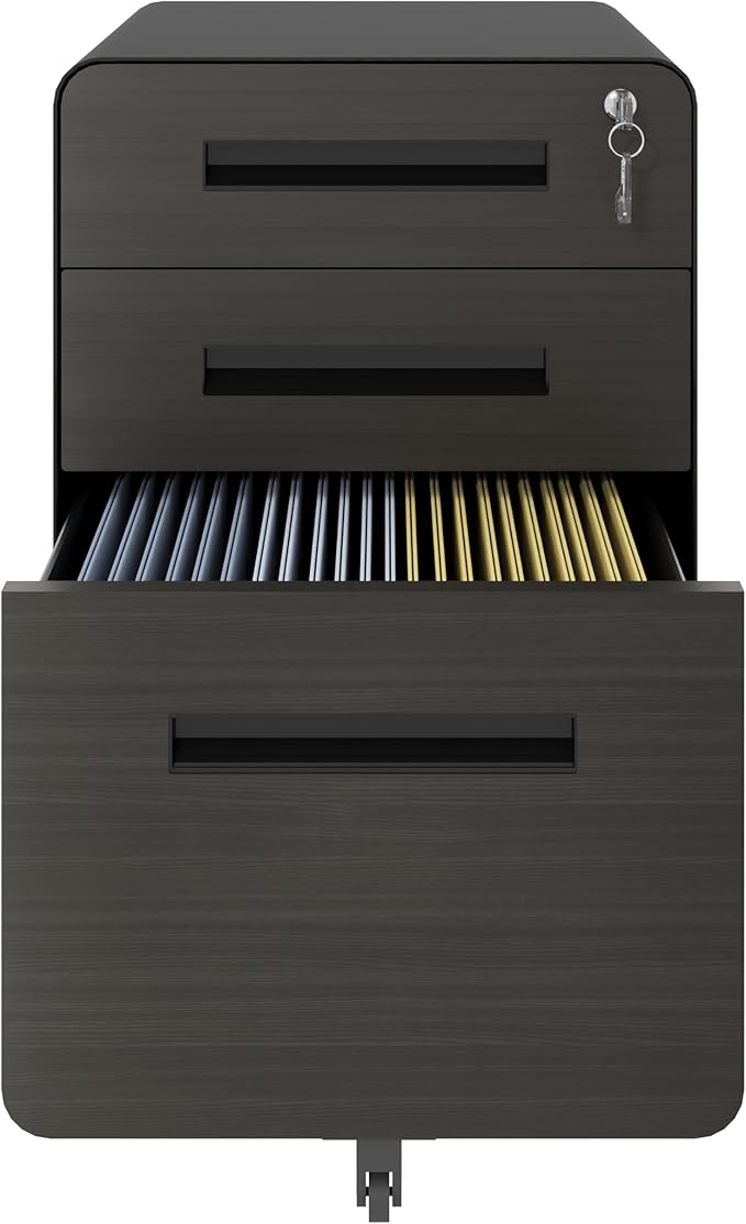 3-Drawer Mobile File Cabinet with Lock Black Small Under Desk Metal Rolling Filing Storage Cabinets with Casters for Home Office Fully Assembled Holds A4/Letter Files (Black+3-Drawer)