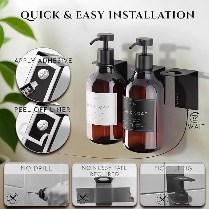 Shower Shampoo Dispenser Wall Mounted – 3 Refillable 16.9 oz Amber Bottles with Stainless Steel Pumps &amp No-Drill Adhesive Holders – Soap Dispenser Set for Bathroom (3 X Amber/Black)