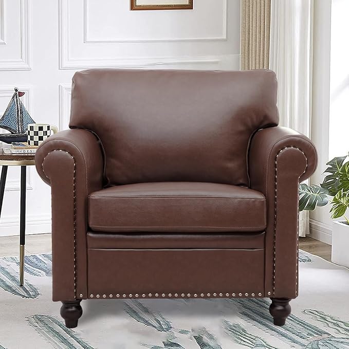 Brown Faux Leather ChairMid Century Modern Accent Chair Set for Office Bedroom Living Room with Deep Seats Detachable Cushions and Nailhead Rolled Arms Easy Assembly
