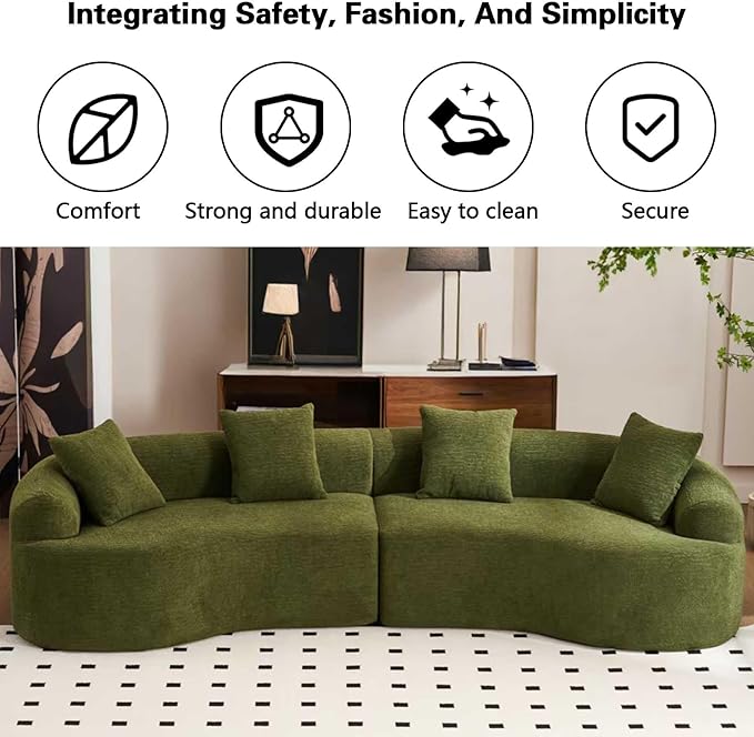 110 Green Curved Boneless Couch with Cushions Modern Cloud Sofa for Living RoomChenille Sectional Minimalist Deep Seat Luxurious No Assembly