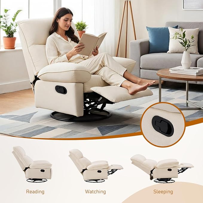 Furnimart Swivel Oversized Recliner Chair Extra Wide Manual Recliner Chair for Adults Nursery Glider Rocking Chair Comfy Reading Chair with Side Storage for Living Room Bedroom Chenille Beige