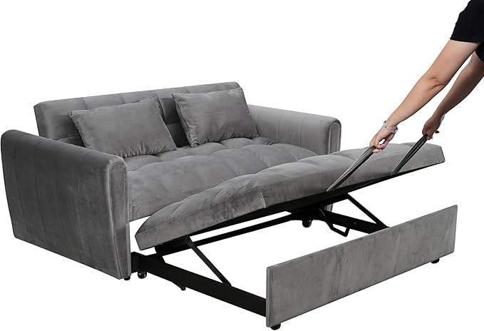 65 Inch Convertible Sleeper Sofa 3-in-1 Sleeper Loveseat with Adjustable Backrest &amp Padded Armrests Velvet Sofa Bed for Living Room Apartment Bedroom or Office Dark Gray