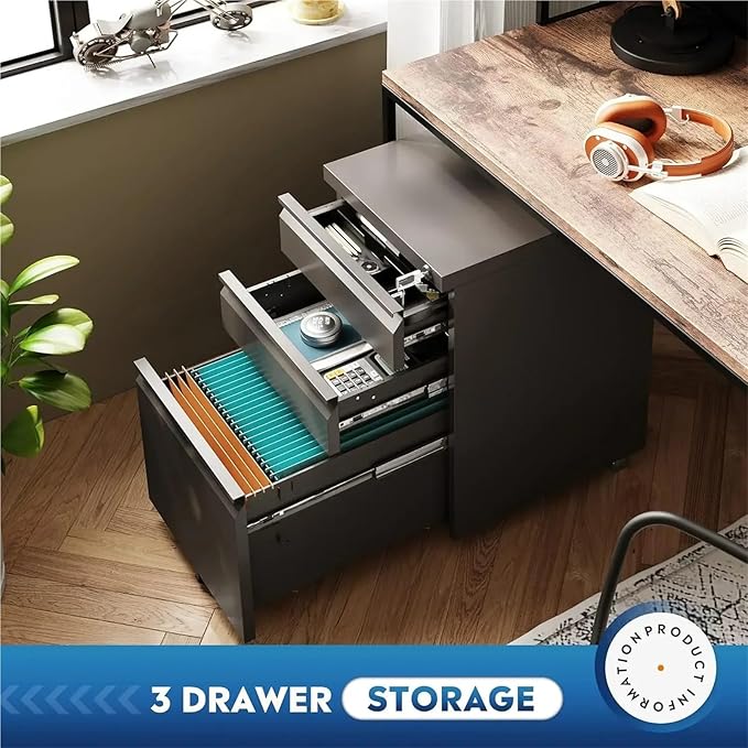 Mobile File Cabinet 3 Drawer Mobile File Cabinet with Lock Under Desk Metal Filing Cabinet for Legal/Letter/A4 File Fully Assembled Except Wheels
