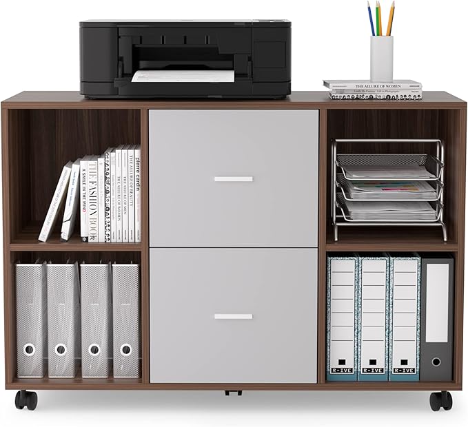 Mobile lateral Filing Cabinet with 2 Drawers and 4 Open Storage cabinets for Home Office Walnut Light Gray
