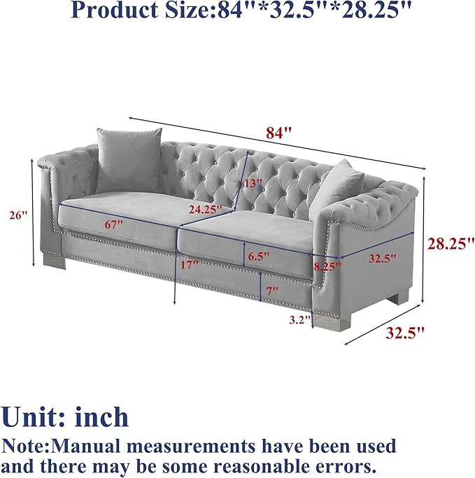 84 Chesterfield Sofa 3 Seater Tufted Velvet Couch with Rolled Arms Mid Century Modern Love Seat with Nailhead Trim&ampRemovable Cushions&ampGold Block Legs Comfy Deep Seat Couches for Living Roo