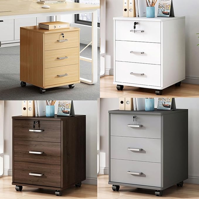 3 Drawer Rolling File Cabinet with Lock Wood Filing Cabinets for Home Office Fits Letter/Legal/A4 Size Files Vertical 23.2 H Wooden Under Desk Filing Cabinet Rustic Brown(Gray)