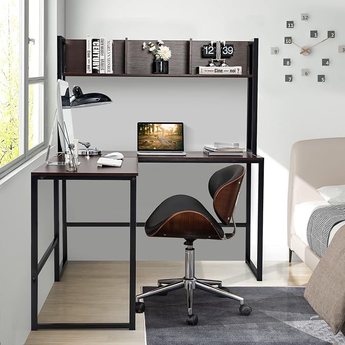 MEDIMALL L-Shaped Desk w/Storage Shelf Reversable Corner Desk Game Table w/Sturdy Metal Frame Multifunctional Computer Desk for Home Office (Teak)