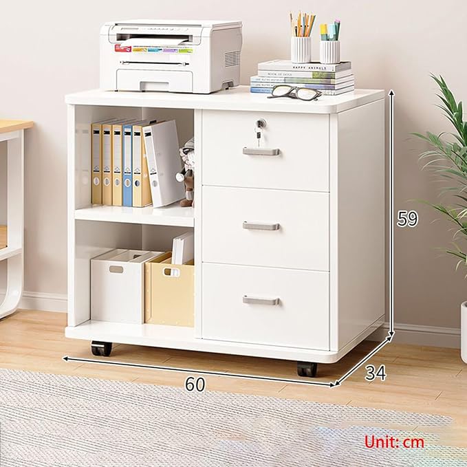 Wood File Cabinet Lateral File Cabinet 3 Drawer File Cabinet with Lock Printer Stand with Storage Mobile Filing Cabinet Home Office Organization Furniture