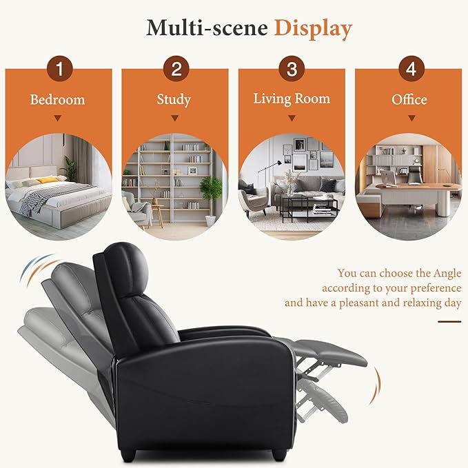 Sweetcrispy Recliner Chair PU Leather Recliner Sofa No Massage Home Theater Seating with Lumbar Support Adjustable Push Back Overstuffed High-Density Sponge Reclining for Living Room Black