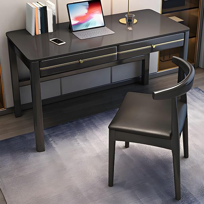 RUNNUP Modern Soild Wood Writing Desk with 2 Drawers 47.5 Home Office Desk Minimalist Computer Work Study Table Small Spaces Black Without Chairs
