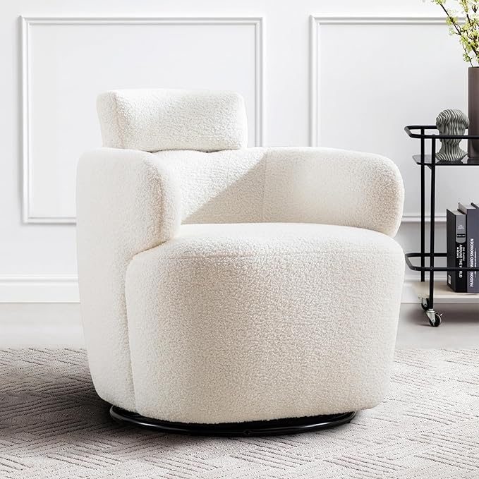 Small Swivel Accent Chair 360°Barrel Boucle Round Modern Armchair Tufted Upholstered Single Sofa Chair with Adjustable Headrest Living Room for Bedroom Office Teddy Sherpa Ivory