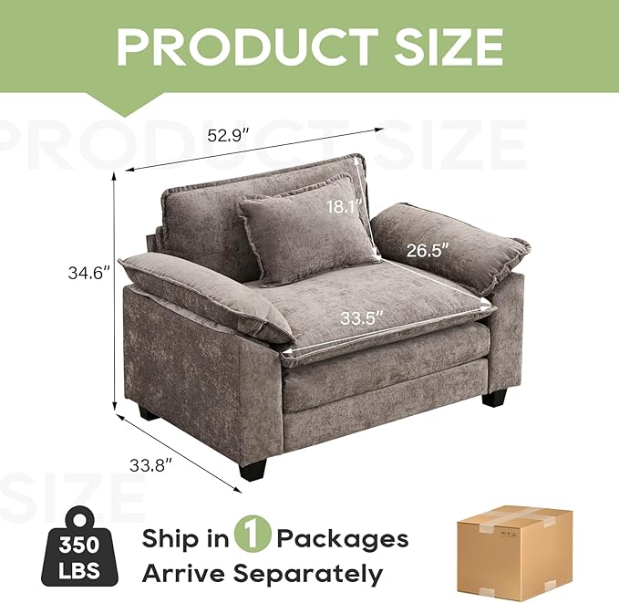 53 Comfy Cloud Sofa Couch with Throw Pillows Upholstered Deep Seat Cozy Sofa Chair Modern Single Seat Modular Sectional Sofa for Living Room