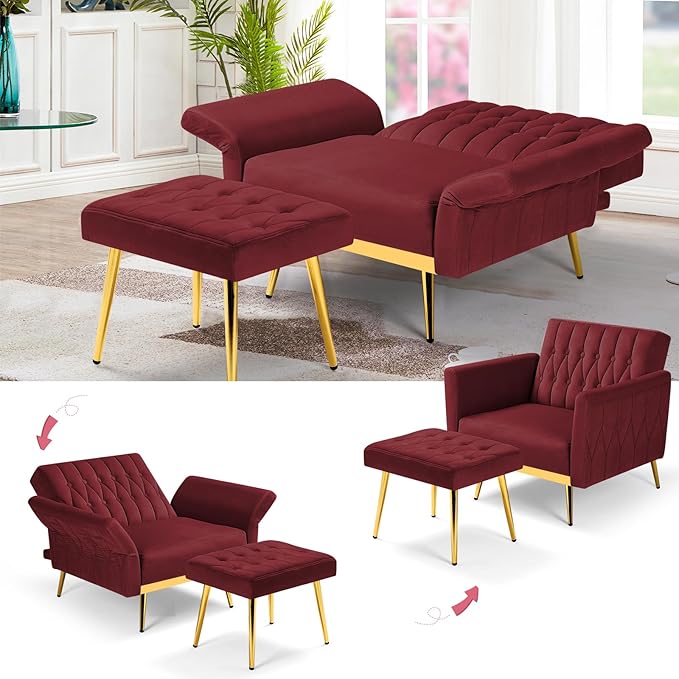 2 Pieces Velvet Sofa Set with Adjustable Armrest and Backrest 70” Convertible Futon Sofa Bed &amp Mordern Accent Chair with Ottoman for Living Room Bedroom Red