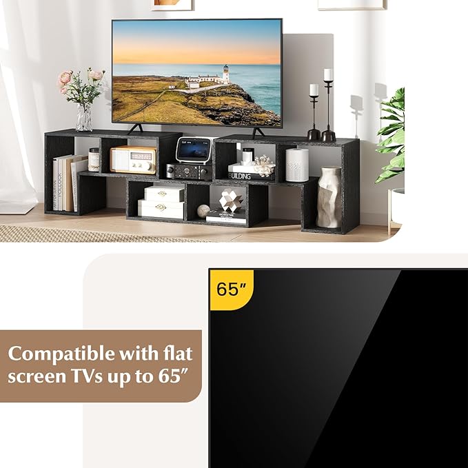 GOFLAME 3 Pieces TV Console Stand Modern Entertainment Center for 50 55 60 65 Inch Flat Screen TV Free Combination Bookcase for Storage &amp Display Suitable for Living Room (Black Wood Grain)