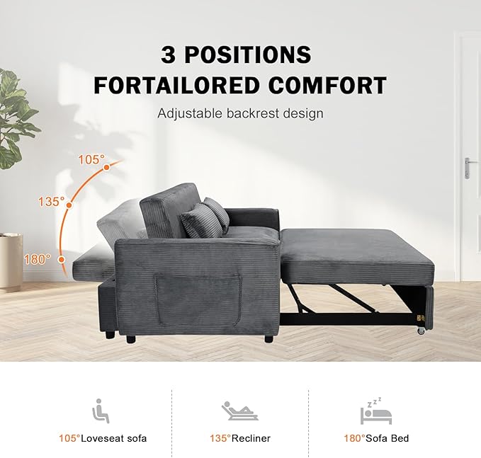 55.51 Sleeper Sofa BedPull Out Couch with Side Pockets3 in 1 Corduroy Fabric Loveseat Sleeper SofaPull Out Sofa Bed with Adjustable Backrest for Living Room Bedroom Apartment（Gray）