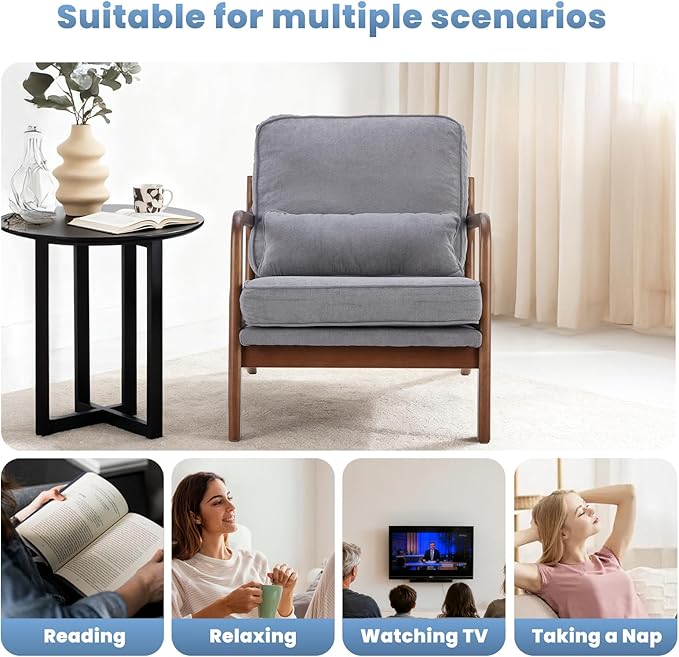 DUMOS Mid Century Modern Chair Set of 2 Accent Chair with Arms and Waist Cushion Reading Chairs for Adults Lounge Chair for Living Room and Bedroom Solid Wooden Frame Grey