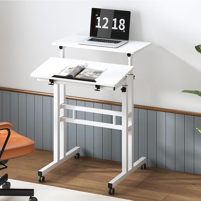 soges Height Adjustable Mobile Standing Desk Roling Sit-Stand Desk Small Standing Computer Desk Workstation on Wheels Sit Stand Up Desk for Home Office White