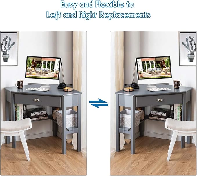 Tangkula Corner Desk Corner Computer Desk with Drawer for Small Space Small Corner Makeup Vanity Desk 90 Degrees Triangle Corner Desk with Storage Shelves (Grey)